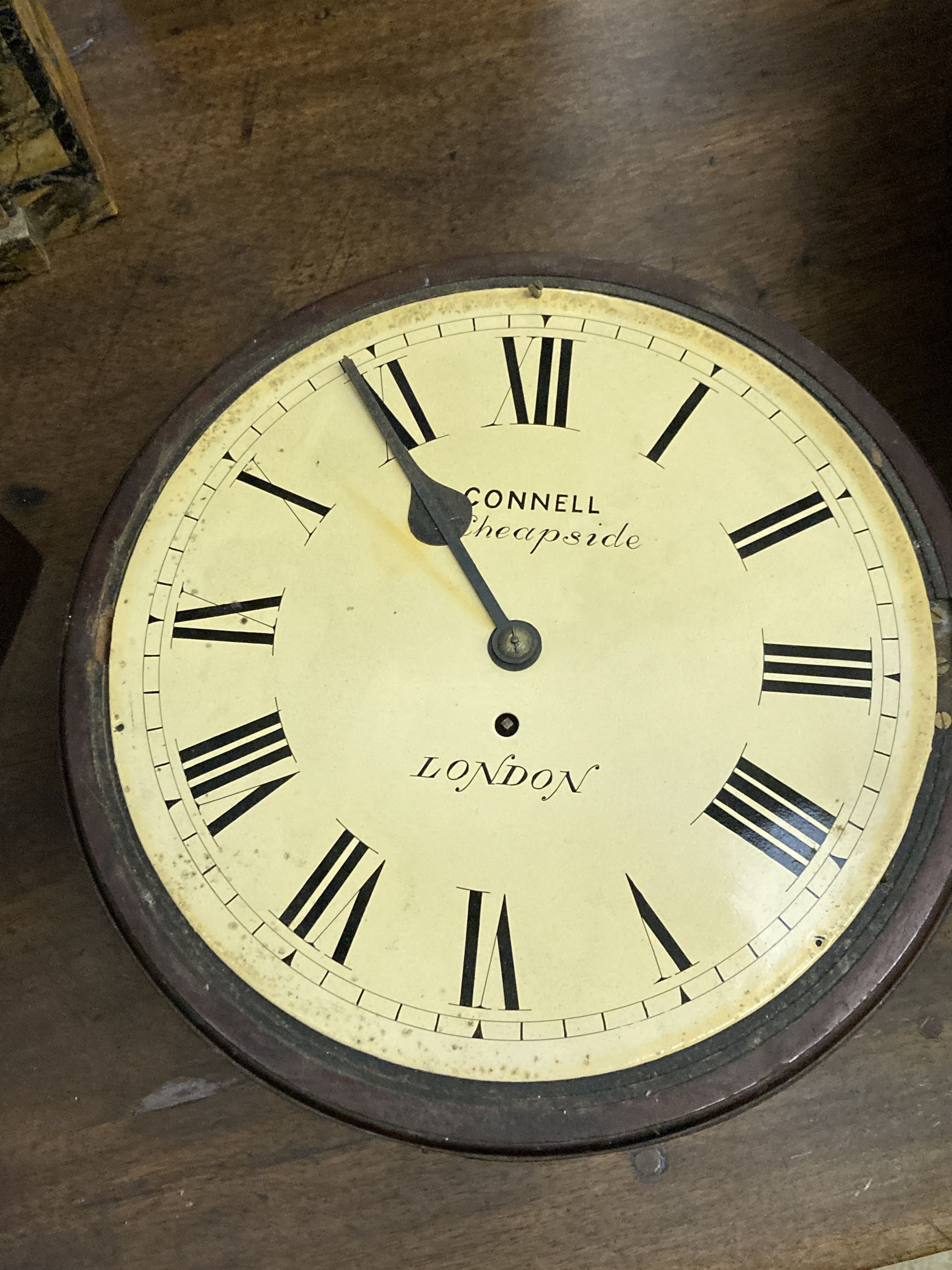 A Victorian mahogany dial wall timepiece, the dial inscribed Connell, 23 Cheapside, London, with single fusee movement, the dial not fi